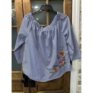 Roommates Womens Top XL Blue‎ White Striped off Shoulder Embroidered Flowers 3D